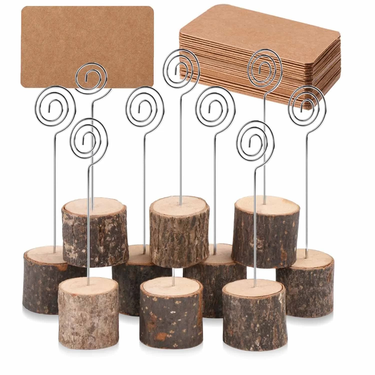Toncoo 10Pcs Rustic Wood Place Card Holders with Swirl Wire & 20 Kraft Cards | Elegant Table Markers for Weddings & Events