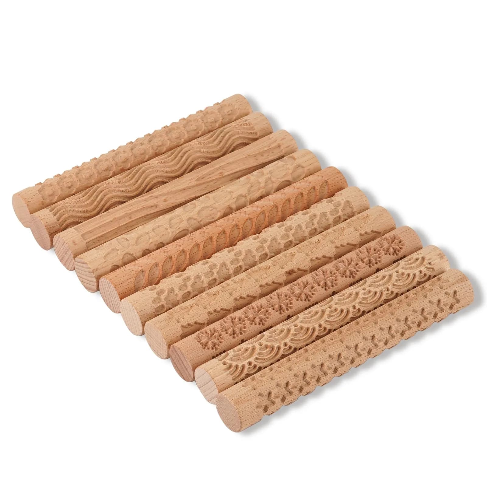 Lzttyee Wooden Handle Pottery Tools Set of 10 | Clay Texture Rollers for Ceramics & Sculpting — Set of 10