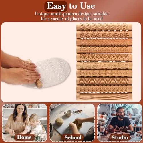 Lzttyee Wooden Handle Pottery Tools Set of 10 | Clay Texture Rollers for Ceramics & Sculpting thumbnail 4