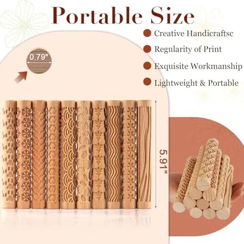 Lzttyee Wooden Handle Pottery Tools Set of 10 | Clay Texture Rollers for Ceramics & Sculpting thumbnail 2
