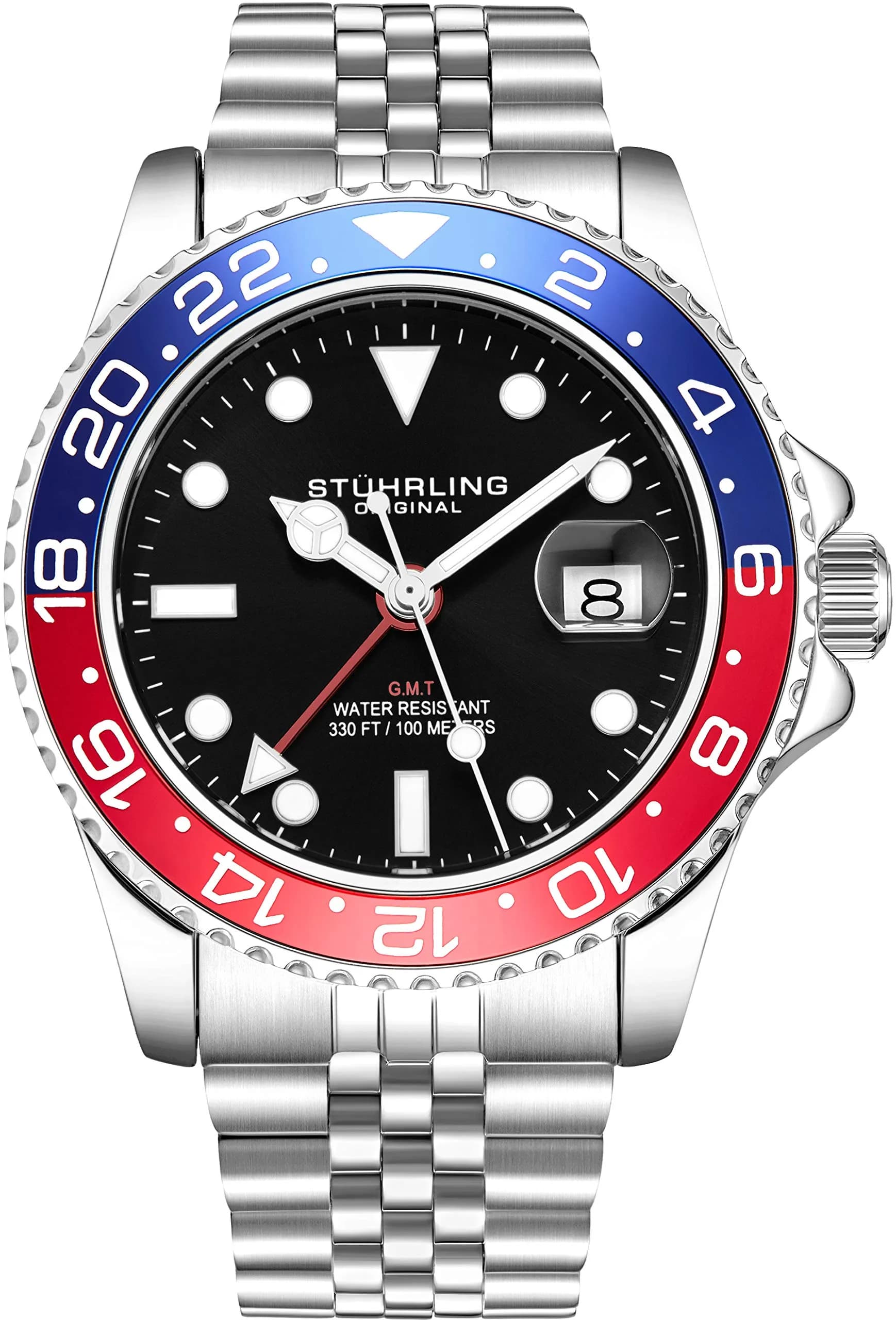 Stuhrling Original Men's Stainless Steel Jubilee Bracelet GMT Watch 42mm | Water Resistant, Quartz