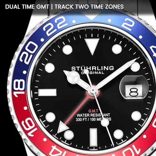 Stuhrling Original Men's Stainless Steel Jubilee Bracelet GMT Watch 42mm | Water Resistant, Quartz thumbnail 4
