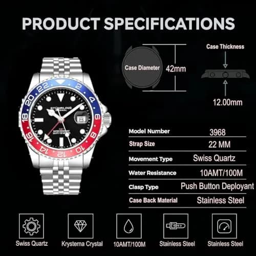 Stuhrling Original Men's Stainless Steel Jubilee Bracelet GMT Watch 42mm | Water Resistant, Quartz thumbnail 7