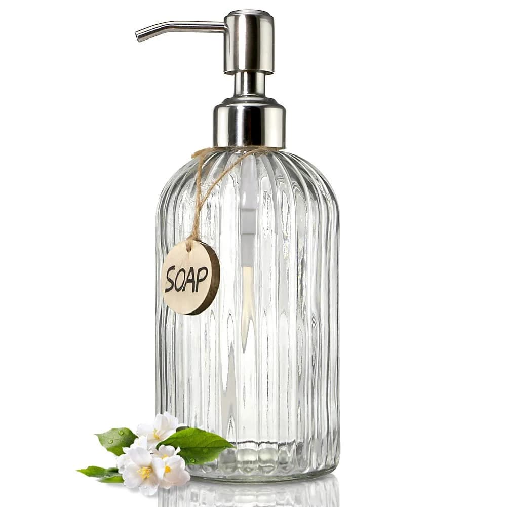 JASAI 18 Oz Clear Glass Soap Dispenser with Rust Proof Stainless Steel Pump | Elegant Bathroom & Kitchen Accessory — Clear