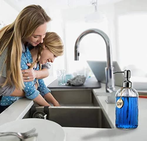JASAI 18 Oz Clear Glass Soap Dispenser with Rust Proof Stainless Steel Pump | Elegant Bathroom & Kitchen Accessory thumbnail 3
