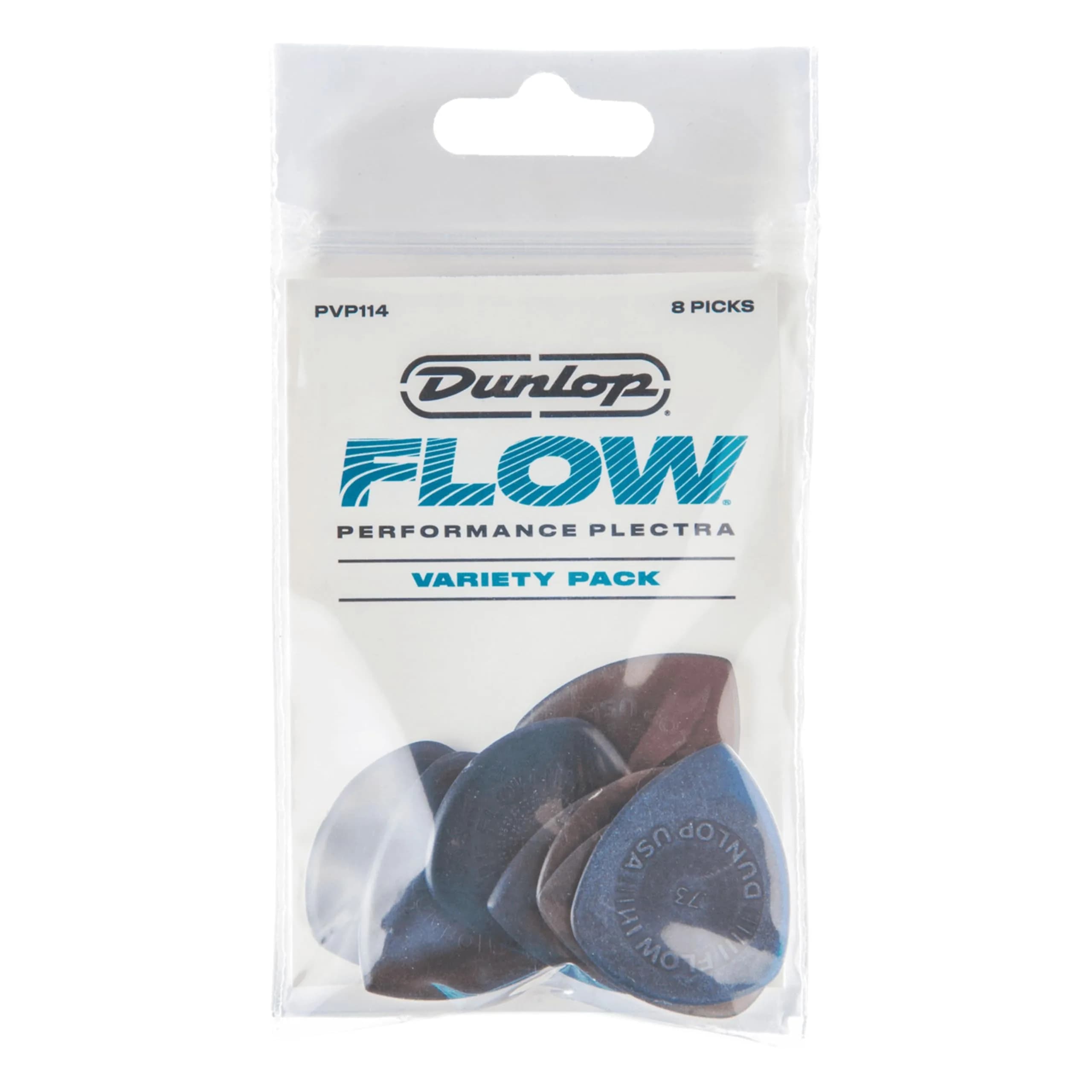 Jim Dunlop Flow Pick Variety Pack 8 Pack | Wide Angle, Sharp Tip, Beveled Edge, Low-Profile Grip — Multicolor
