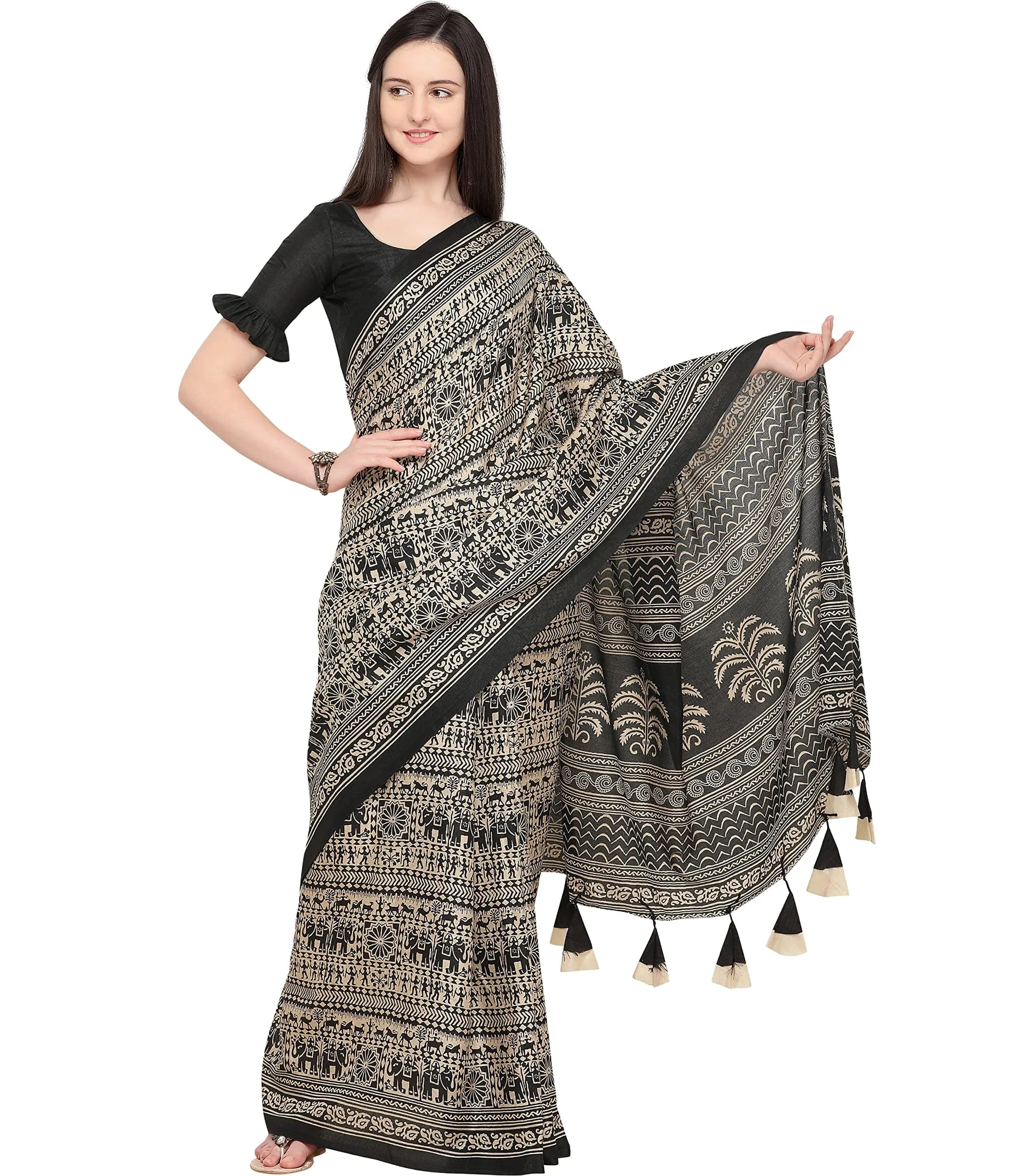 EthnicJunction Women's Art Silk Kalamkari Print Saree With Blouse Piece, Black & Beige, 5.20m (17.06 ft) - main product image
