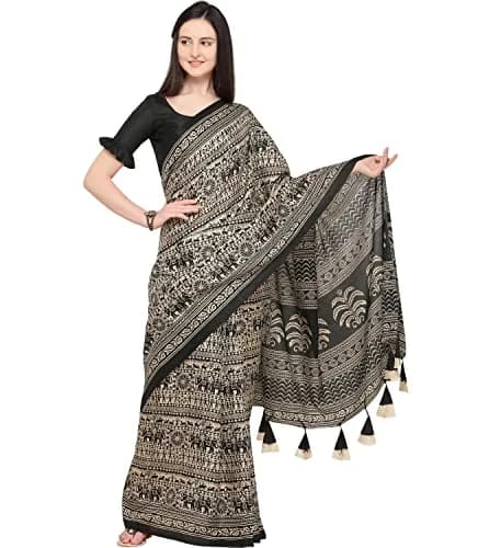 EthnicJunction Women's Art Silk Kalamkari Print Saree With Blouse Piece, Black & Beige, 5.20m (17.06 ft) thumbnail 1
