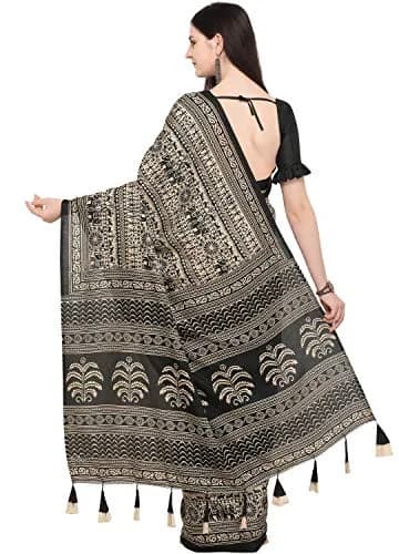 EthnicJunction Women's Art Silk Kalamkari Print Saree With Blouse Piece, Black & Beige, 5.20m (17.06 ft) thumbnail 2