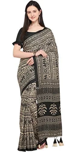 EthnicJunction Women's Art Silk Kalamkari Print Saree With Blouse Piece, Black & Beige, 5.20m (17.06 ft) thumbnail 3