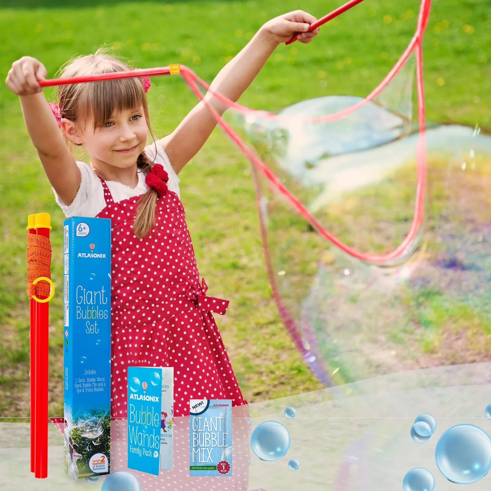 Atlasonix Giant Bubble Wand Set with 1 Gallon Bubble Solution Powder | Non-Toxic, BPA-Free, ASTM-Tested - main product image