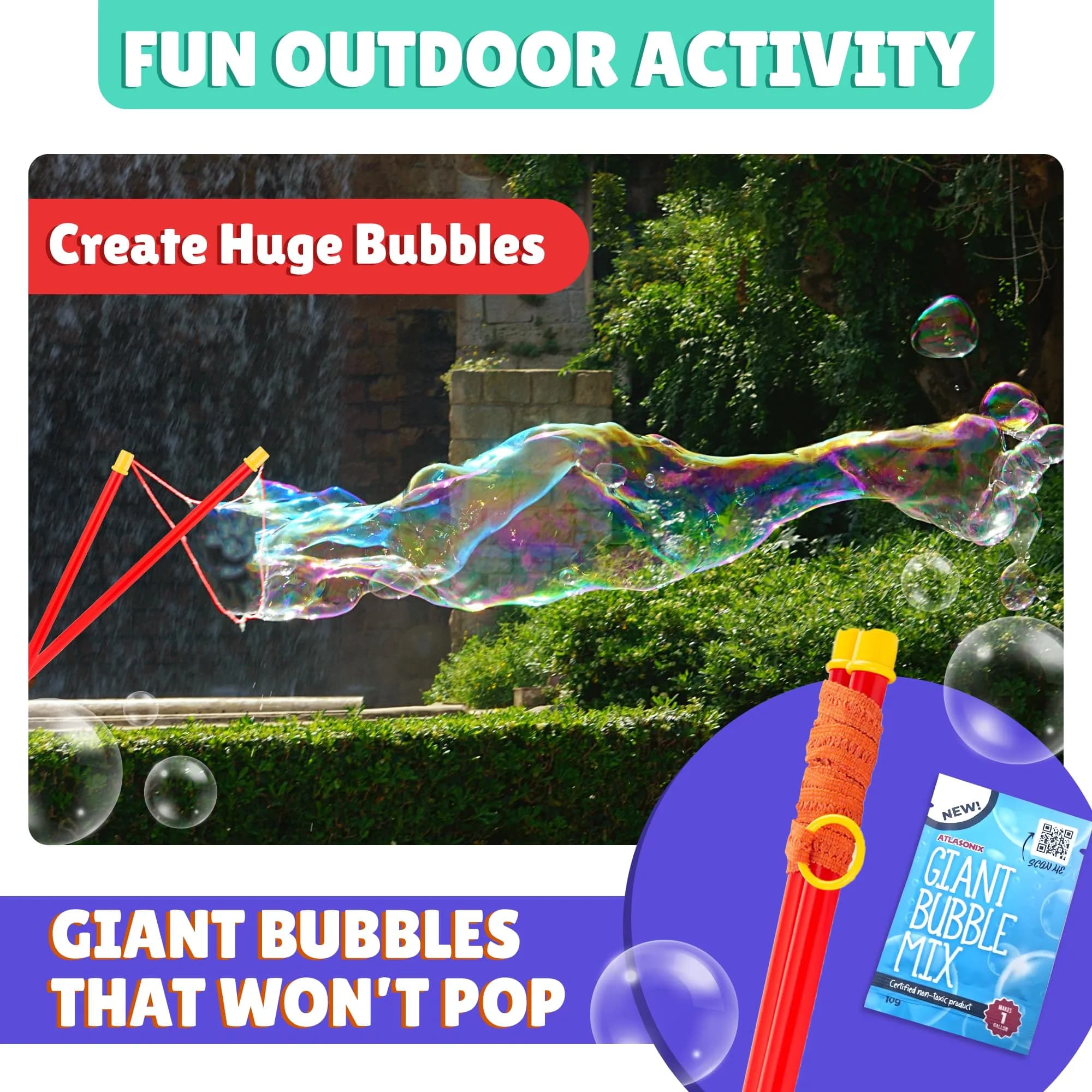 Atlasonix Giant Bubble Wand Set with 1 Gallon Bubble Solution Powder | Non-Toxic, BPA-Free, ASTM-Tested - view 7