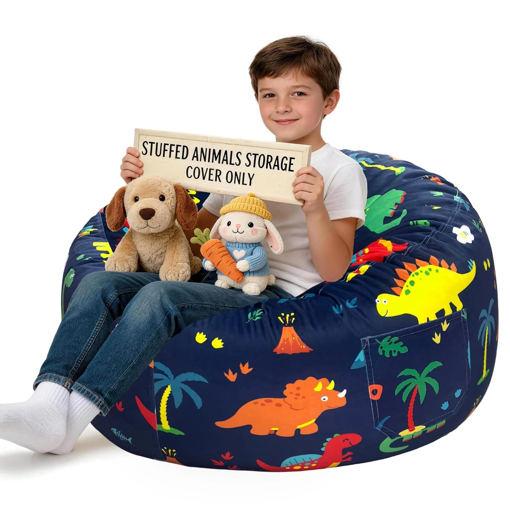 Lukeight Dinosaur Stuffed Animal Storage Bean Bag Cover for Kids (No Filler) | Velvet Plush Toy Organizer Seat, X-Large 30"D x 18"H