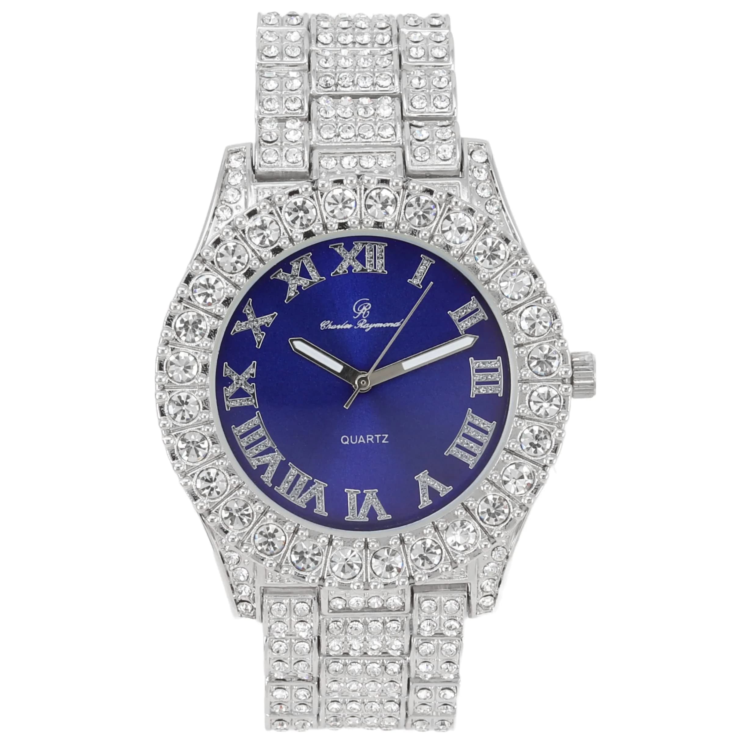 Charles Raymond Hip Hop Iced Out Watch with Royal Blue Dial & Silver Tone Finish | 42mm Case