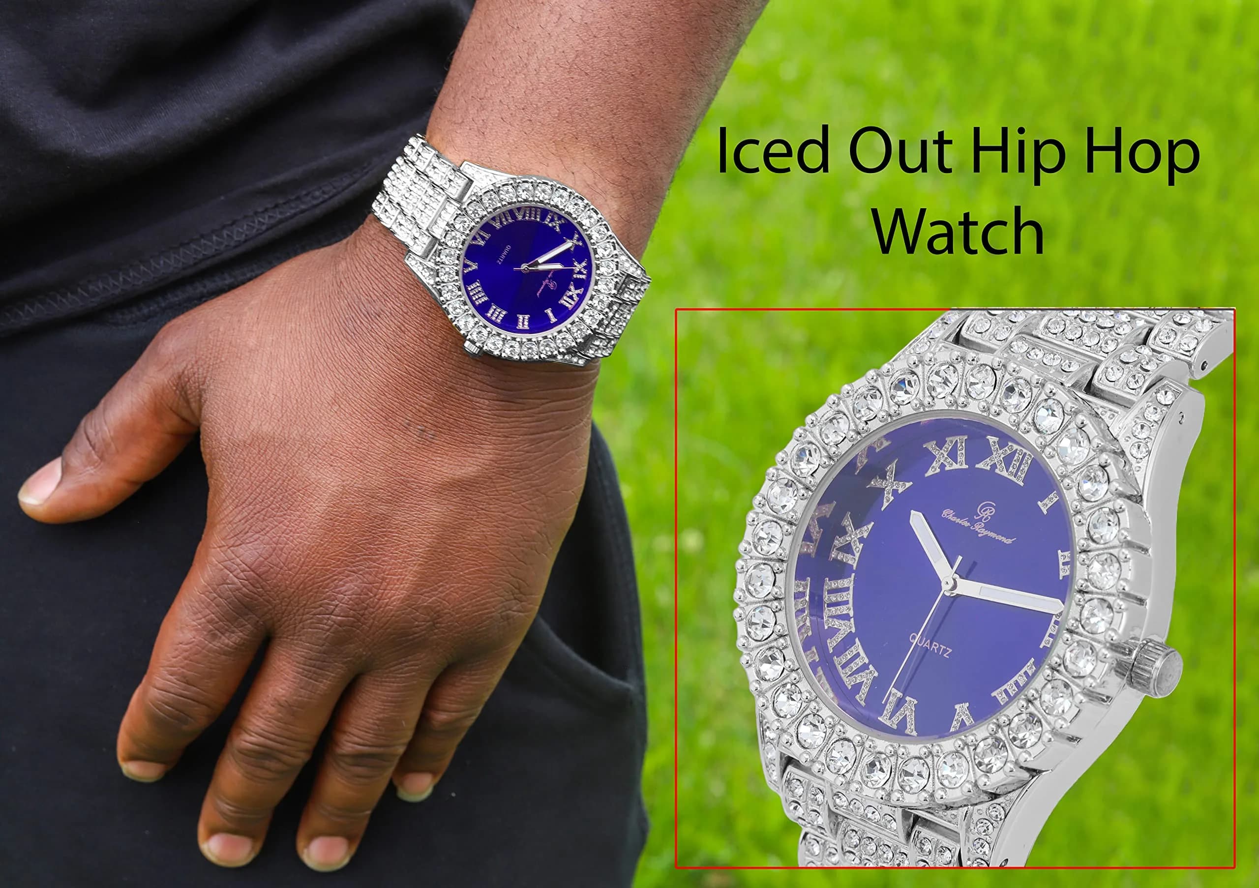 Charles Raymond Hip Hop Iced Out Watch with Royal Blue Dial & Silver Tone Finish | 42mm Case - view 5