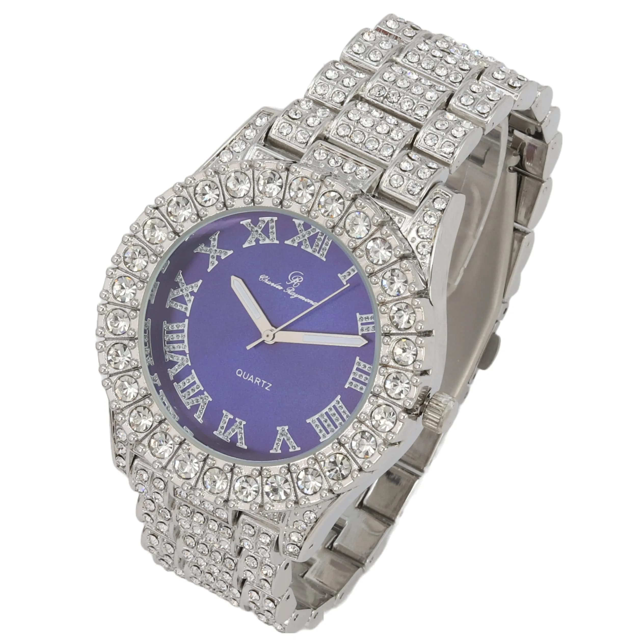 Charles Raymond Hip Hop Iced Out Watch with Royal Blue Dial & Silver Tone Finish | 42mm Case - view 3