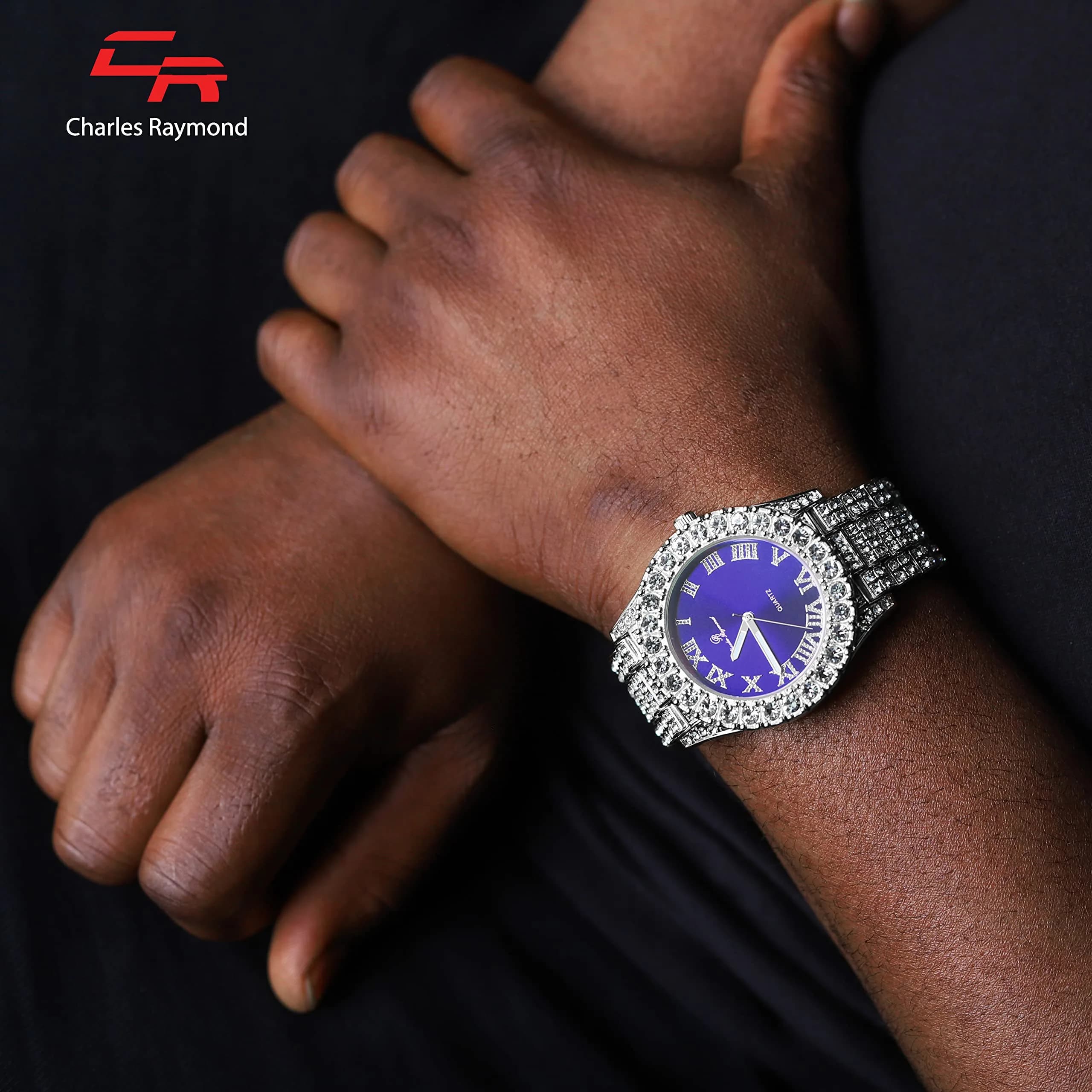 Charles Raymond Hip Hop Iced Out Watch with Royal Blue Dial & Silver Tone Finish | 42mm Case - view 4