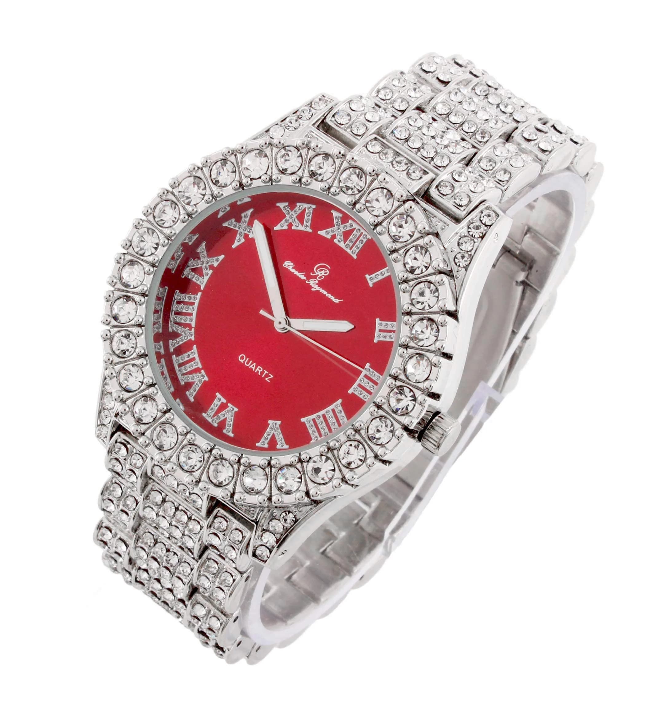 Charles Raymond Hip Hop Iced Out Watch - Blood Red & Silver Tone Finish, 42mm Case with Roman Numerals - view 4