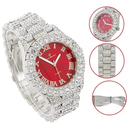 Charles Raymond Men's Iced Out Watch ST10327 RN Single | Silver Tone Blood Red Dial 8-inch Band thumbnail 5