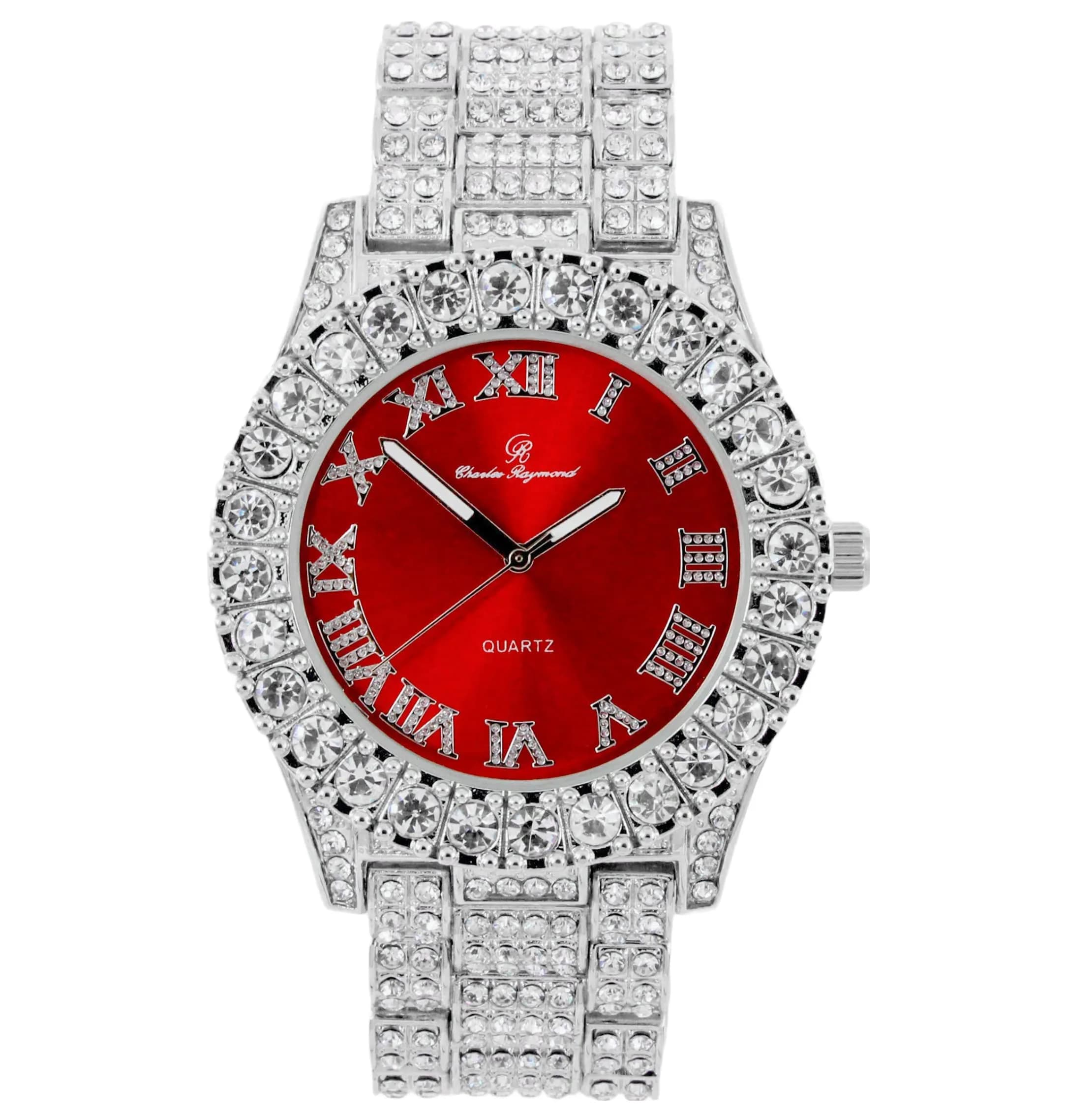 Charles Raymond Hip Hop Iced Out Watch - Blood Red & Silver Tone Finish, 42mm Case with Roman Numerals - main product image
