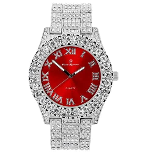 Charles Raymond Men's Iced Out Watch ST10327 RN Single | Silver Tone Blood Red Dial 8-inch Band thumbnail 1