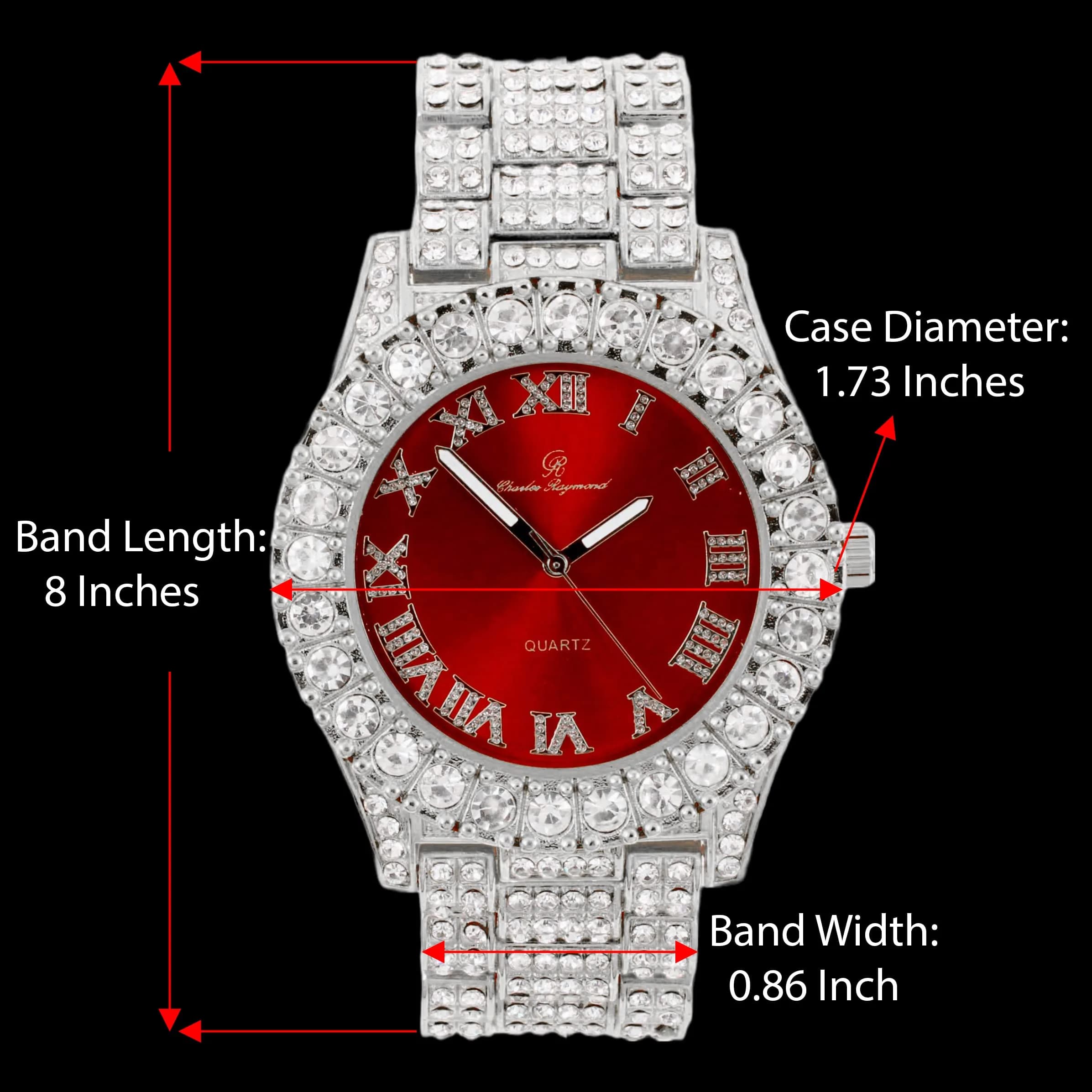 Charles Raymond Hip Hop Iced Out Watch - Blood Red & Silver Tone Finish, 42mm Case with Roman Numerals - view 2