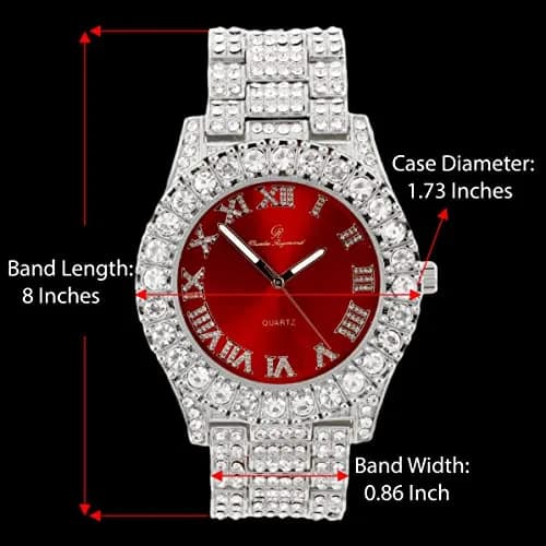 Charles Raymond Men's Iced Out Watch ST10327 RN Single | Silver Tone Blood Red Dial 8-inch Band thumbnail 2