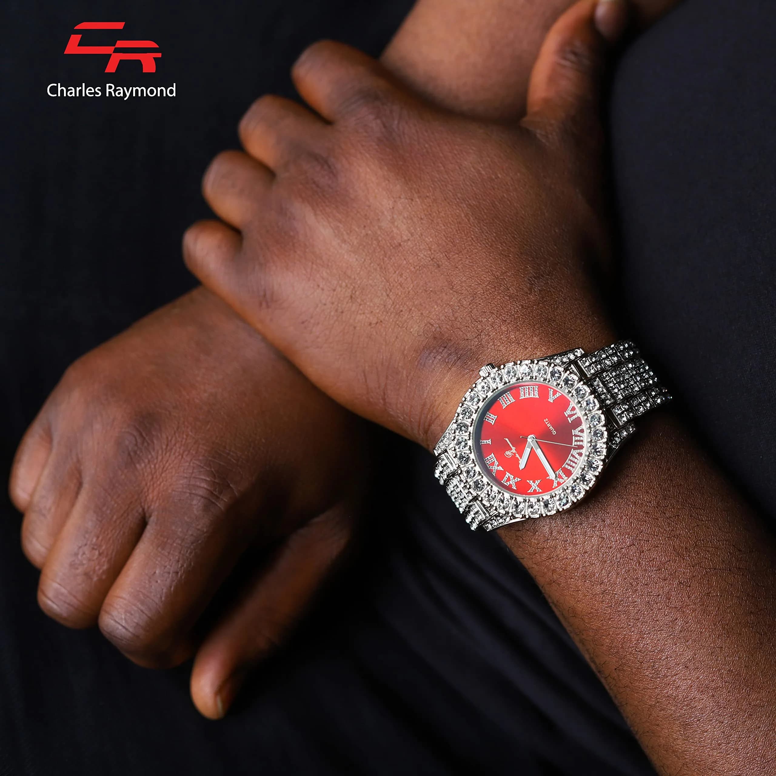 Charles Raymond Hip Hop Iced Out Watch - Blood Red & Silver Tone Finish, 42mm Case with Roman Numerals - view 3