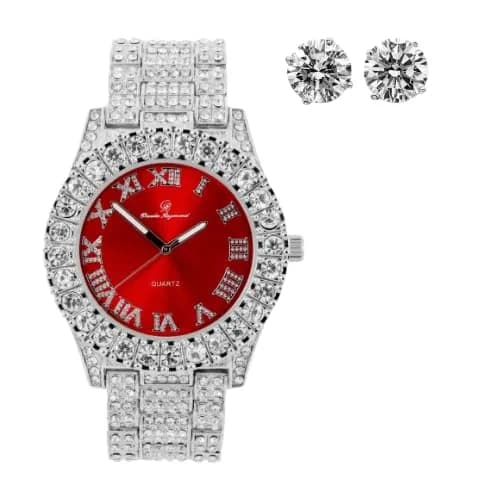Charles Raymond Hip Hop Iced Out Watch with Royal Blue Dial & Silver Tone Finish | 42mm Case — Blood Red/Silver