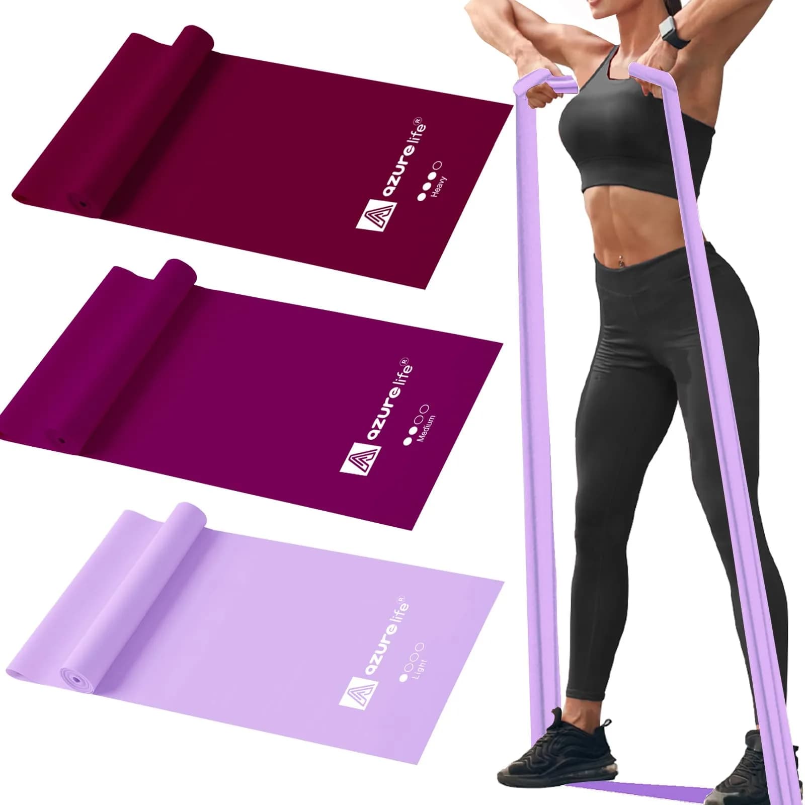 A AZURELIFE Resistance Bands Set — 3 Long Latex-Free Exercise Bands for Therapy, Yoga, Pilates, Strength Training (5 ft x 6 in, Light/Medium/Heavy) - main product image