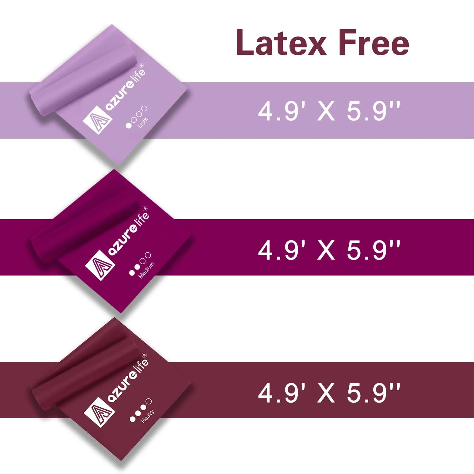 A AZURELIFE Resistance Bands Set — 3 Long Latex-Free Exercise Bands for Therapy, Yoga, Pilates, Strength Training (5 ft x 6 in, Light/Medium/Heavy) - view 3