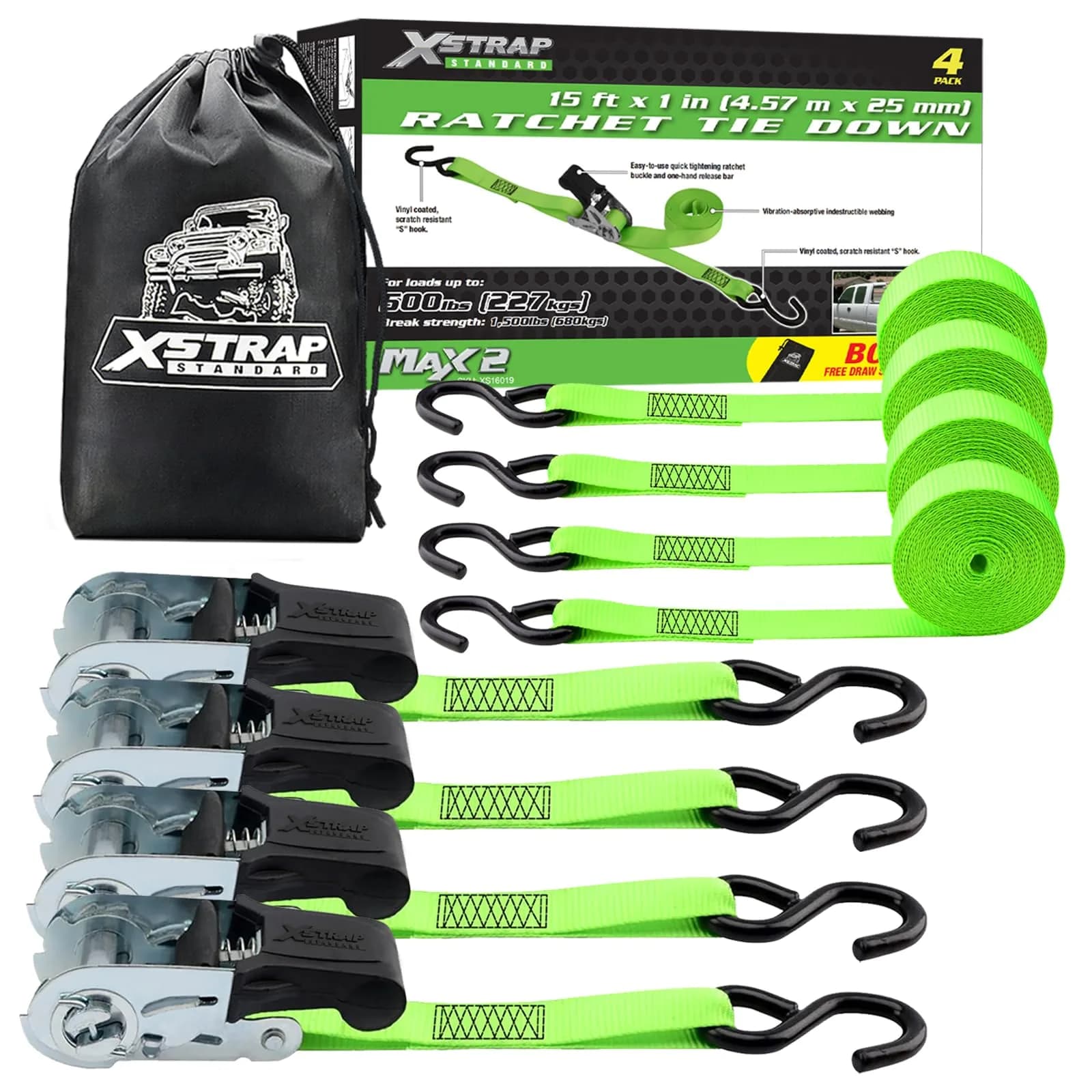 XSTRAP STANDARD 4 Pack 1" x 15FT Ratchet Tie Down Straps | Heavy-Duty Cargo Securing with 500Lbs WLL