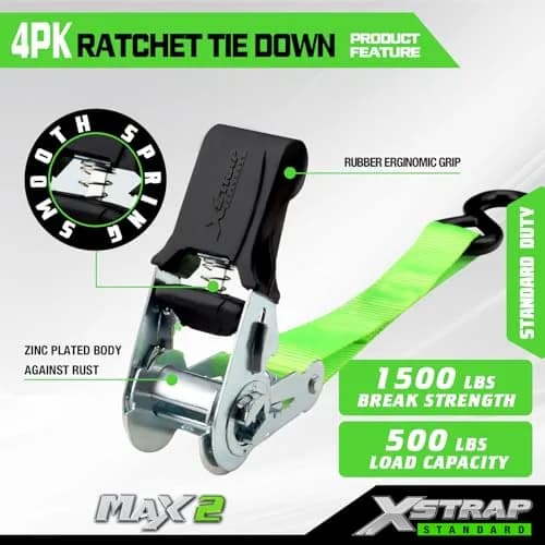 XSTRAP STANDARD 4 Pack 1" x 15FT Ratchet Tie Down Straps | Heavy-Duty Cargo Securing with 500Lbs WLL thumbnail 4