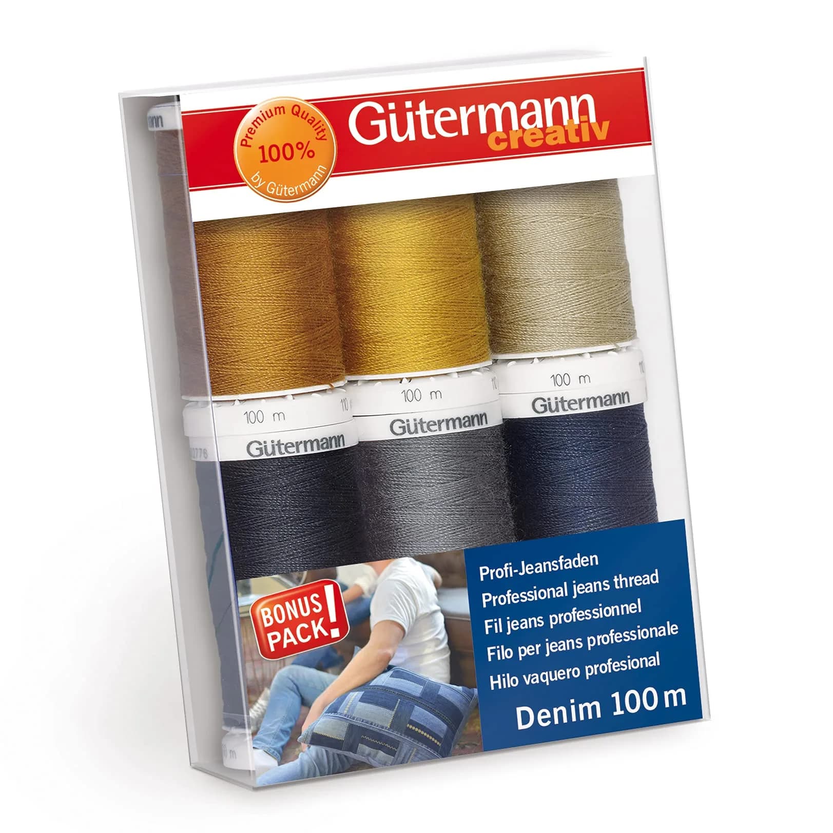 Gütermann Denim Thread 12wt 100m Spools (6-Pack, Multicoloured) | Professional Jeans Stitching — Multicoloured