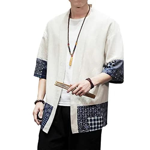 PRIJOUHE Mens Kimono Cardigan Cotton Linen Kimono Jacket 3/4 Sleeve | Casual Japanese Haori thumbnail 5