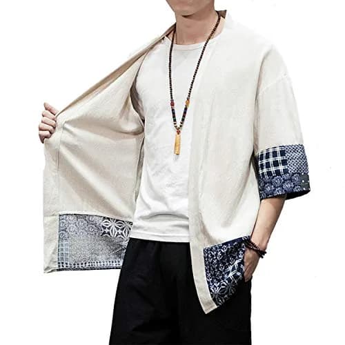 PRIJOUHE Mens Kimono Cardigan Cotton Linen Kimono Jacket 3/4 Sleeve | Casual Japanese Haori thumbnail 6