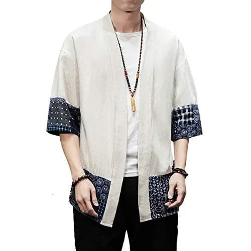 PRIJOUHE Mens Kimono Cardigan Cotton Linen Kimono Jacket 3/4 Sleeve | Casual Japanese Haori thumbnail 2