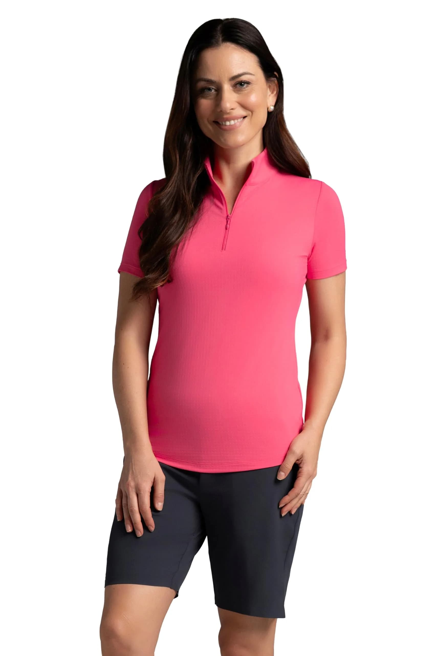 IBKUL Athleisure Wear Sun Protective UPF 50+ Icefil Cooling Short Sleeve Mock Neck Watermelon — Watermelon