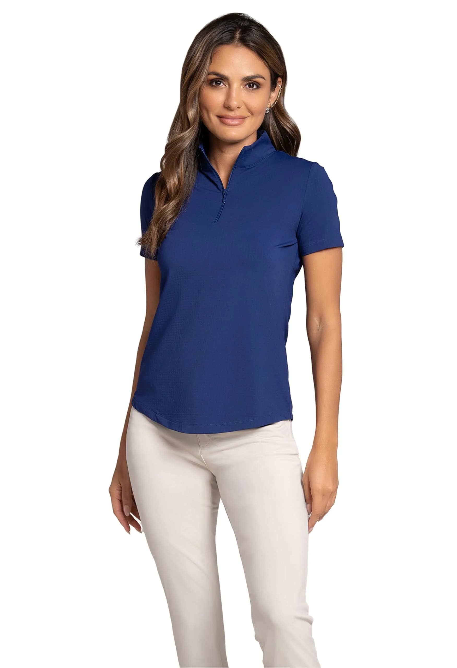 IBKUL Athleisure Wear Sun Protective UPF 50+ Icefil Cooling Short Sleeve Mock Neck Navy — Navy