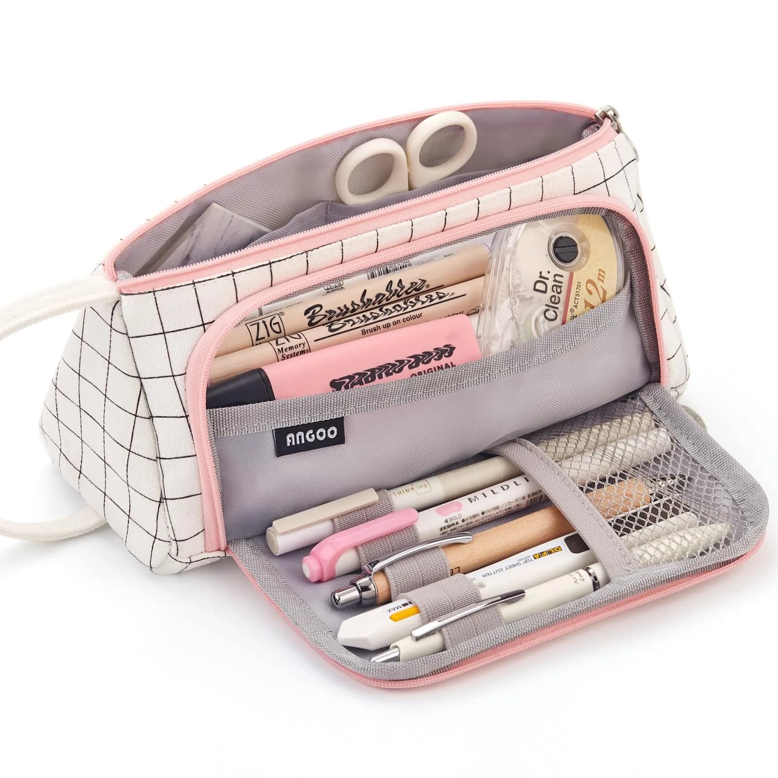 EASTHILL Plaid White Large Capacity Pencil Case Organizer | Simple Polyester Stationery Pouch with Handheld Band - main product image