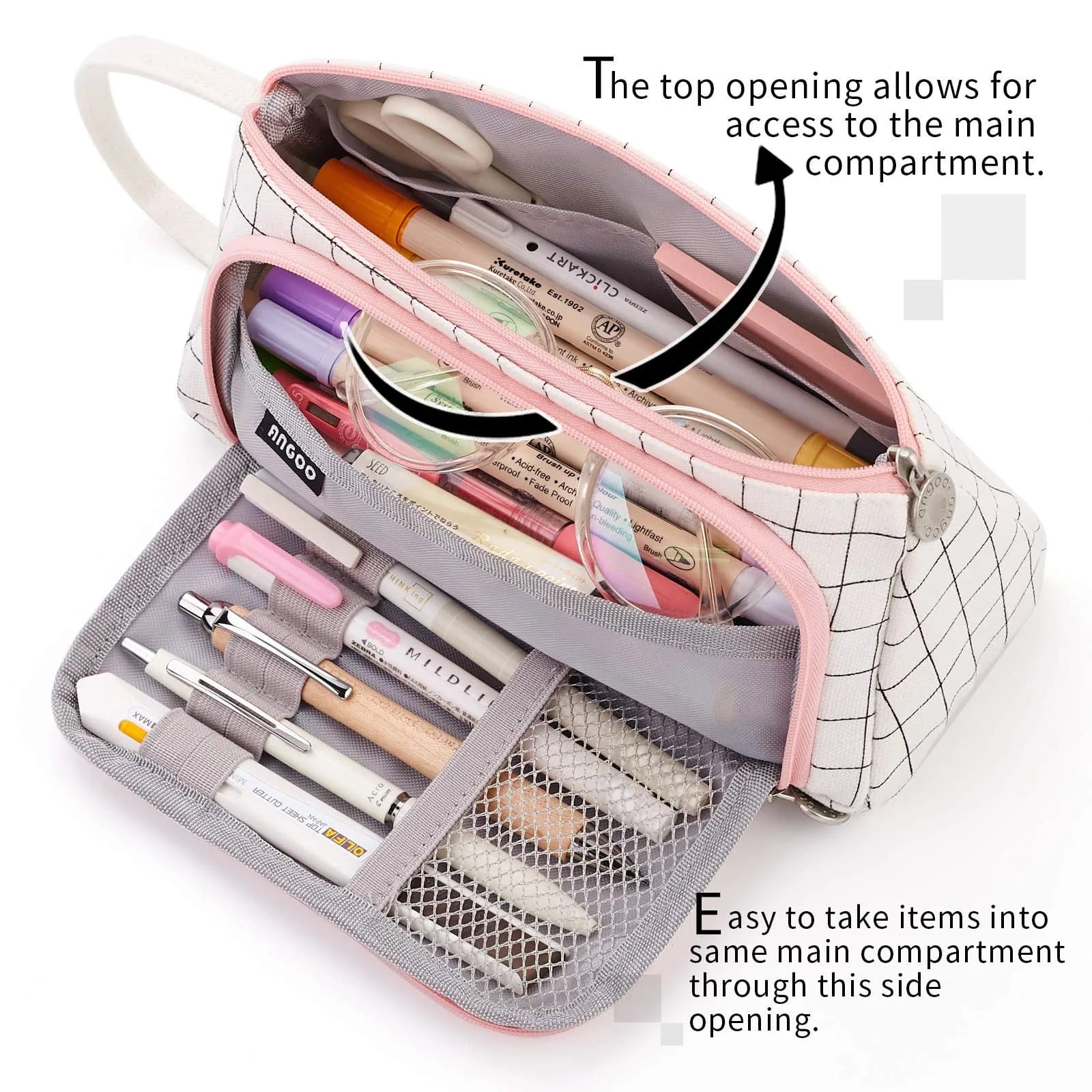EASTHILL Plaid White Large Capacity Pencil Case Organizer | Simple Polyester Stationery Pouch with Handheld Band - view 5