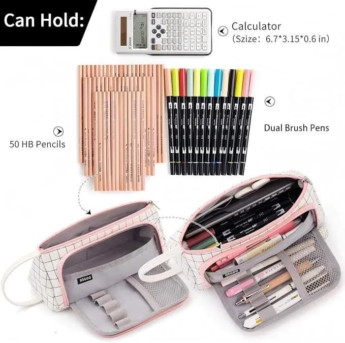 EASTHILL Plaid White Large Capacity Pencil Case Organizer | Simple Polyester Stationery Pouch with Handheld Band - view 2