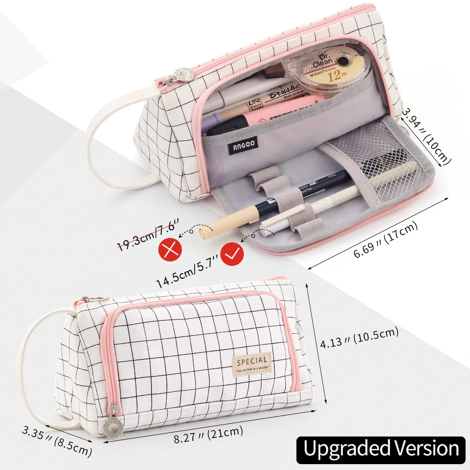 EASTHILL Plaid White Large Capacity Pencil Case Organizer | Simple Polyester Stationery Pouch with Handheld Band - view 3