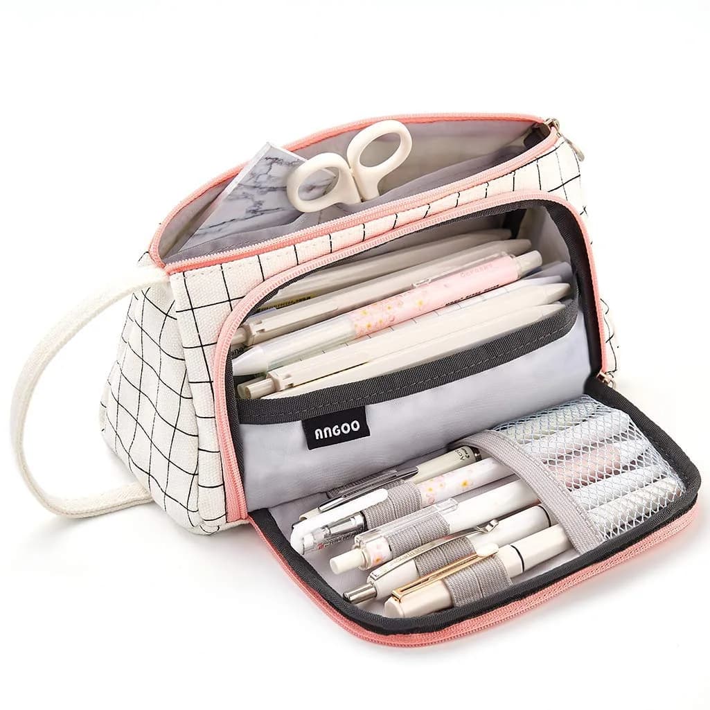 EASTHILL Plaid White Large Capacity Pencil Case Organizer | Simple Polyester Stationery Pouch with Handheld Band - view 4