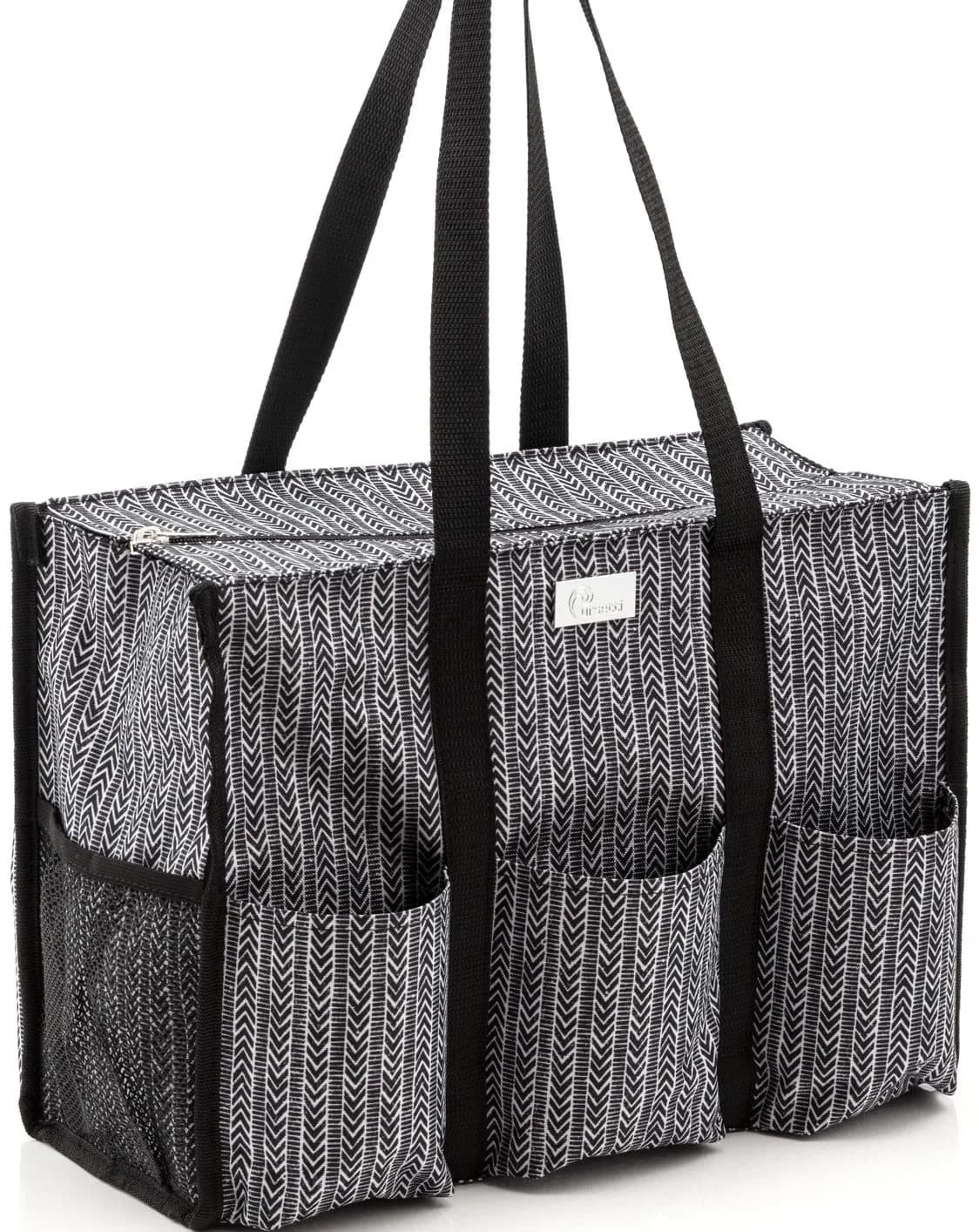 Pursetti Tote Bag with Pockets & Compartments | Stylish Nurse & Teacher Utility Tote (Herringbone, Medium)