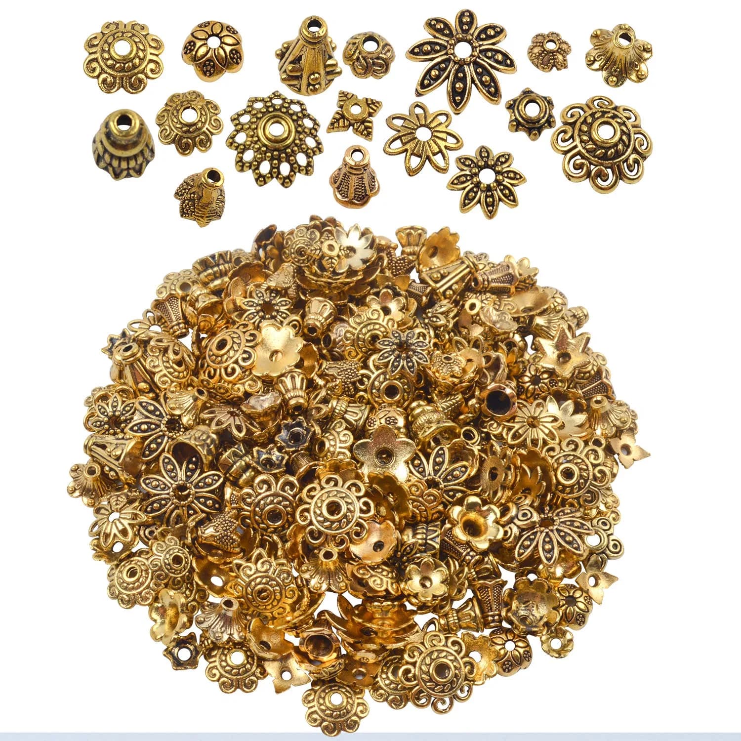 BronaGrand Jewelry Bead Caps 5-15mm | Bali Style Metal Mix for Jewelry & Crafts — Antique Gold