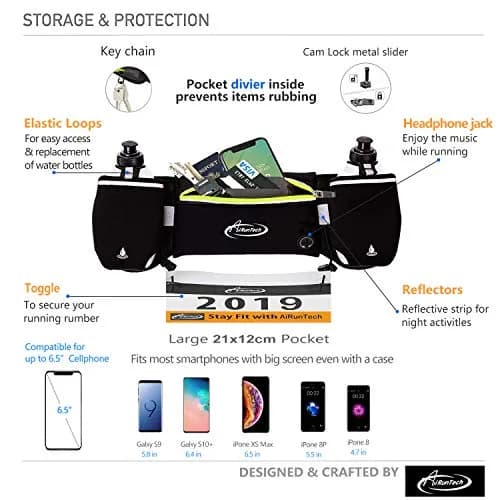 AiRunTech Hydration Running Belt with 2x 175ml Bottles, Phone Holder Fanny Pack for Marathon & Triathlon Gear | 46-130cm Waist thumbnail 5