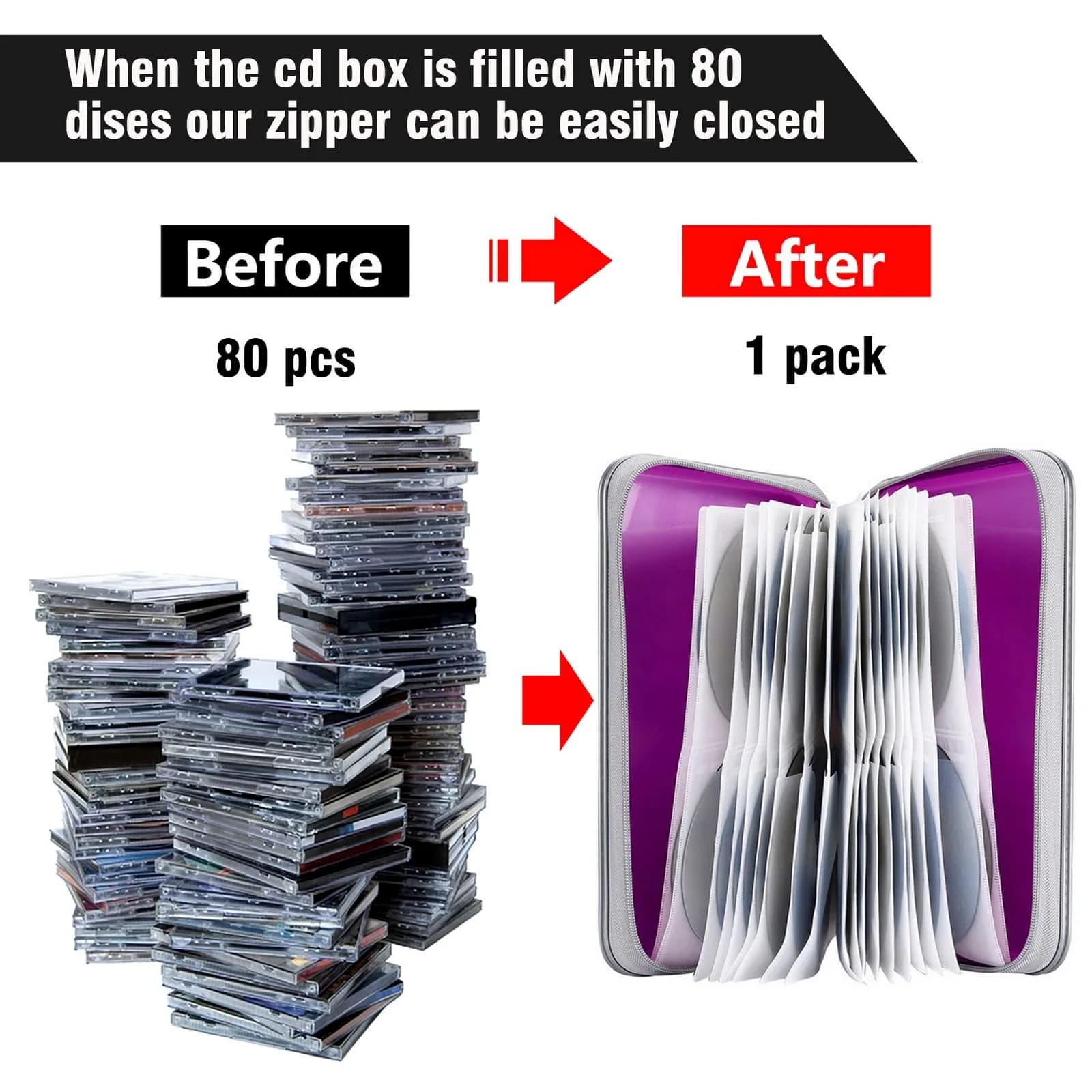 Siveit 80 Capacity CD/DVD Case Holder - Purple Hard Plastic Disc Storage Binder with Zipper - view 4
