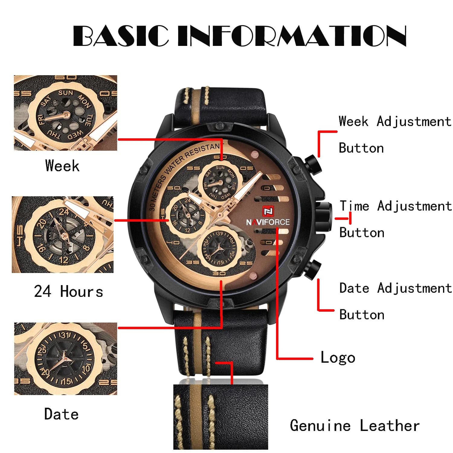 NAVIFORCE Men's Black, Rose Gold & Brown Leather Band Sport Military Watch - view 2
