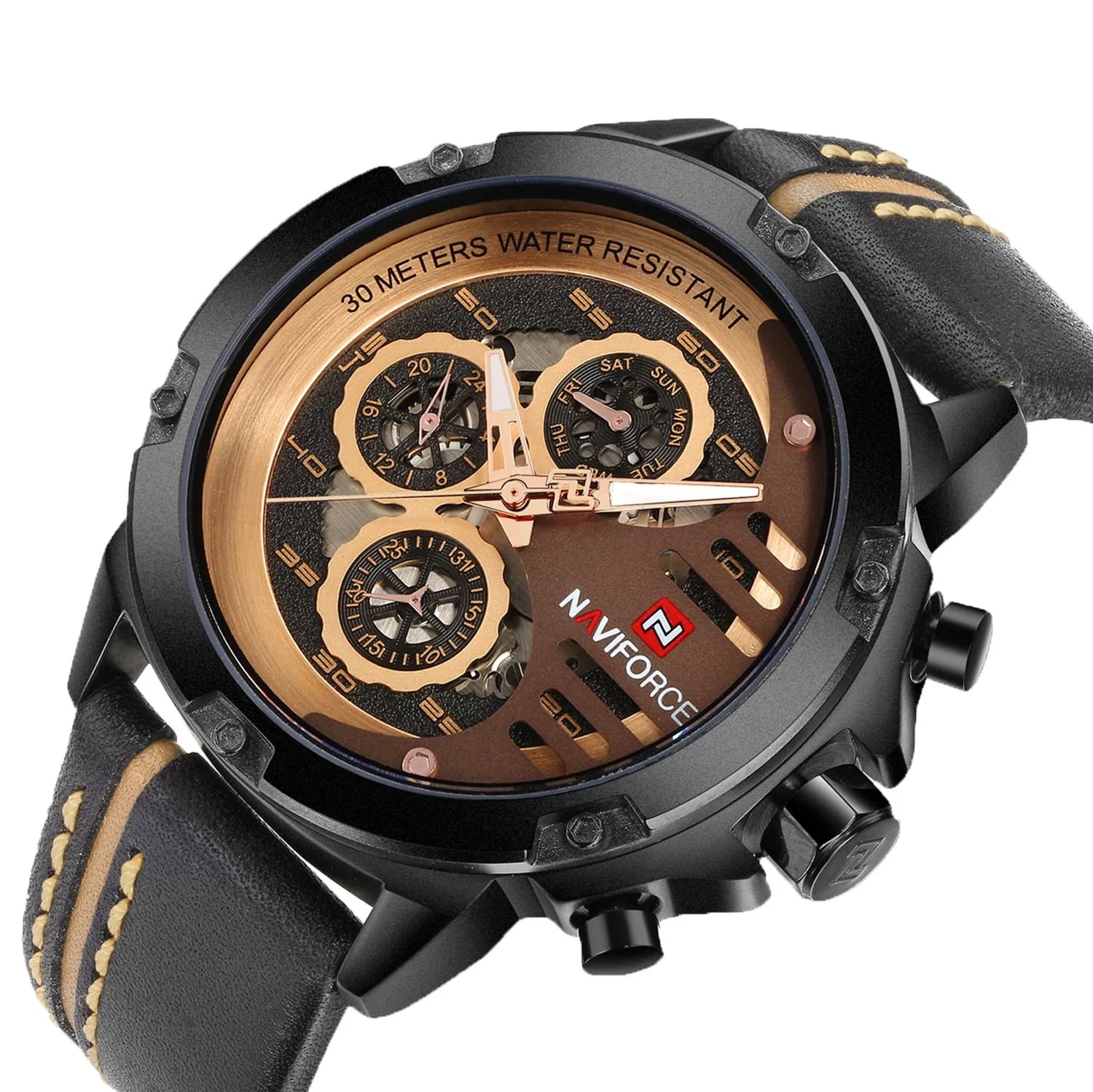 NAVIFORCE Men's Black, Rose Gold & Brown Leather Band Sport Military Watch - view 3
